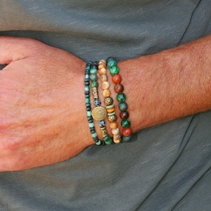 Men stylish bracelet set / Handmade bracelets man / Guys bracelets set / Green bracelet mens / Agate jasper wood beads / Stretch bracelet image 4