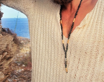 Collana lunga da uomo in agata tibetana / Collana con perline nere opache / Collana di bambù Boho da uomo