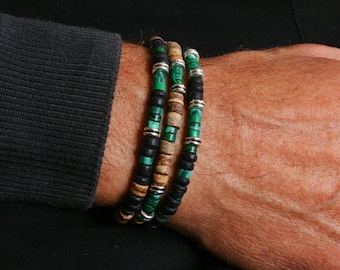 Pulseras Hombre Set Malaquita Coco / Boho Verde Negro Coco Pulsera de Cuentas / Apilamiento Pulsera Elegante Hombres / Pulseras Estiradas Únicas Hombres