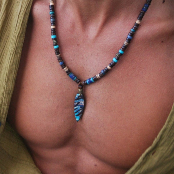 Man beads unique ethnic boho necklace / Handmade pendant unisex cool / Beaded oriental necklace men / Gemstone necklace mens / Bohemian man