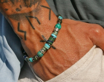 Mens Turquoise kralen edelsteen armband/coole unieke armband mannen/Unisex stijlvolle armband/originele Chrysocolla Jasper chique armband man