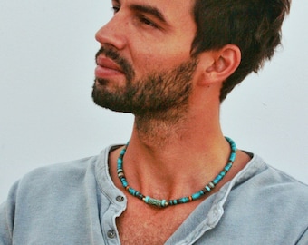 Gargantilla turquesa para hombre / Collar de cuentas con piedras preciosas Heishi para hombre / Collar bohemio minimalista hecho a mano para hombre / Gargantilla para hombre
