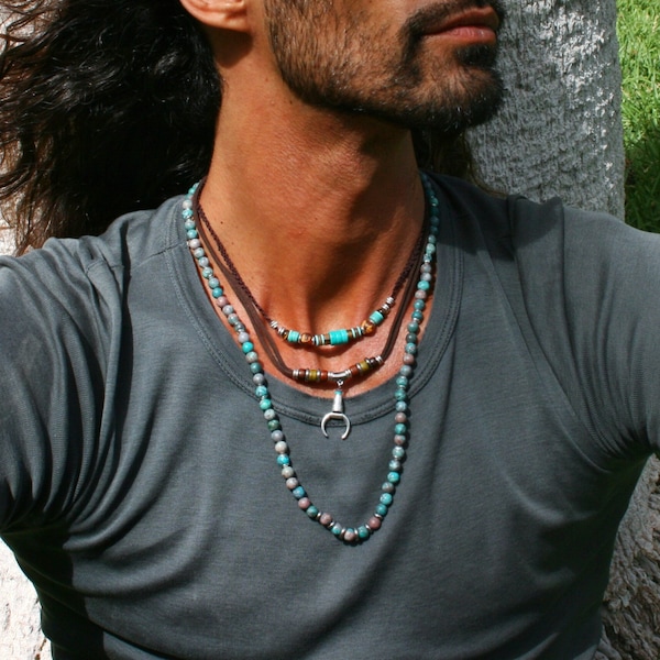 Ensemble homme lune multirangs collier long collier de perles turquoise américain naturel pour homme macramé fait main couches de pierres précieuses ras de cou homme