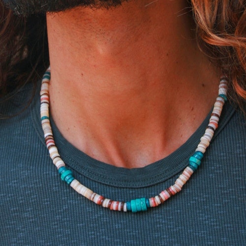 Turquoise Choker Man/ Heishi Gemstone Beaded Necklace for Etsy
