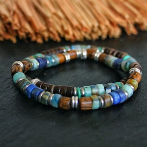 Set heren edelsteenarmbanden / dubbele boho-armband heren / hout blauw groen armbanden heren / handgemaakt elastisch stapelbaar duo-armbanden heren