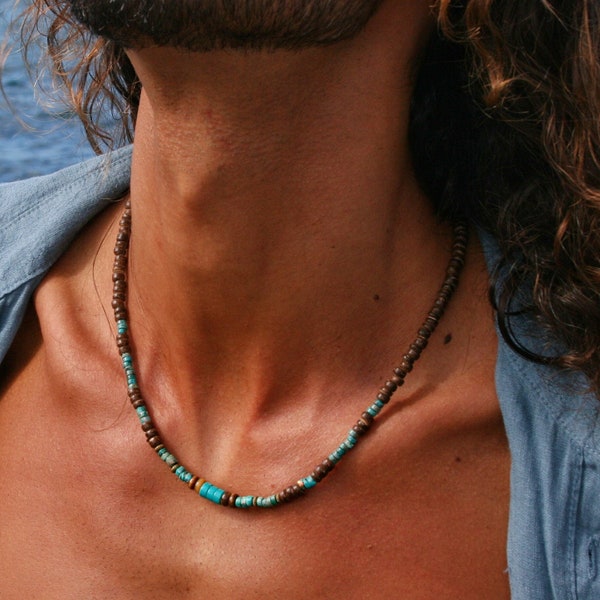 Men Turquoise Coconut Choker / Heishi Beaded Necklace Mens / Man Minimal Choker / Boho Handmade Short Necklace / Ethnic Surfer Choker Man