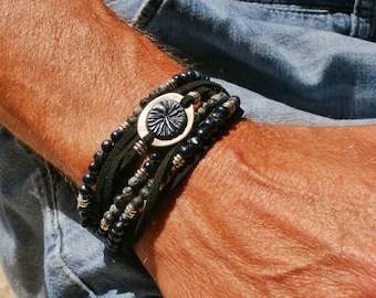 Wrap Man Stylish Bracelet / Mother of Pearl Beads Bracelet / Lava Wrap Bracelet / Obsidian Beads Bracelet Mens / Unique Cool Original Men