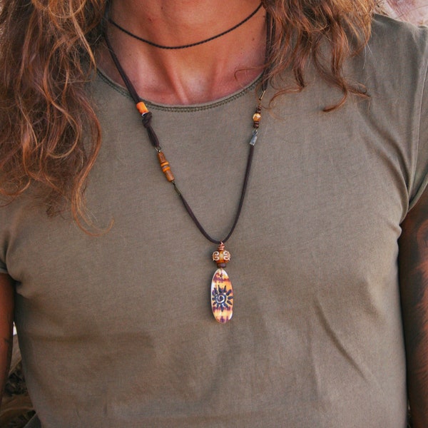 Man leather pendant necklace / Light Pendant men / Maori style necklace / Bright Necklace Men /  Beaded necklace for men /  Unisex Necklace