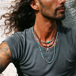 Moon Multistrand Necklace Mens Set / Long Beaded Natural American Turquoise Necklace For Men / Handmade Macrame Layered Gemstone Choker Man
