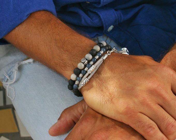 Mens Agate & Lava Stone Bracelet Set: Boho Wood Beaded Bracelets