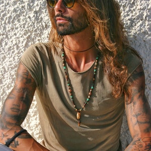 Green Brown Agate Beaded Necklace: Tibetan Style Men&#39;s Jewelry