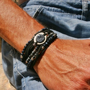Men&#39;s Wrap Bracelet: Mother of Pearl, Lava, Obsidian Beads