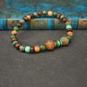 Heren groene Tibetaanse agaat kralenarmband/geluksarmband voor mannen/healing armband/unisex houten kralenarmband/edelsteen armband