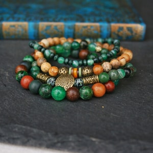 Men stylish bracelet set /  Handmade bracelets man /  Guys bracelets set / Green bracelet mens /  Agate jasper wood beads / Stretch bracelet