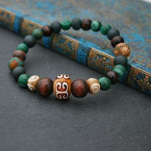 Agaat herenarmband - Houten herenarmband - Tibetaanse kralen herenarmband - Unieke handgemaakte armband - Etnische groene armband - Herenarmband
