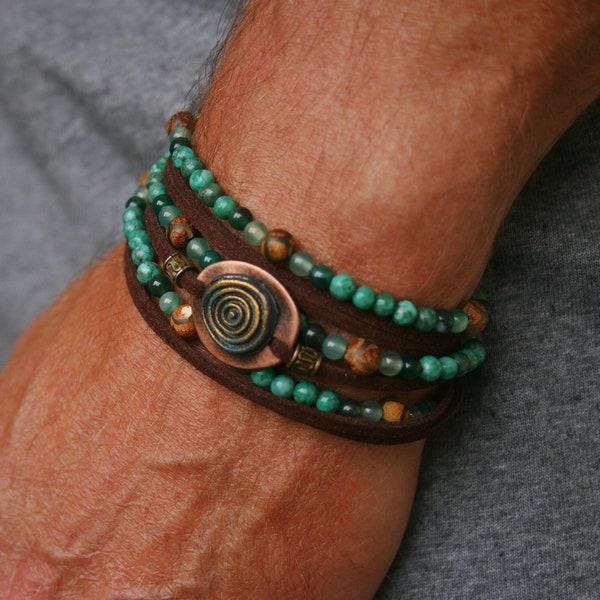 Bracelet wrap pour homme / Bracelet en cuir pour homme / Bracelet turquoise / Bracelet en perles pour homme / Bracelet en perles d'agate tibétaine / Bracelet cool pour homme