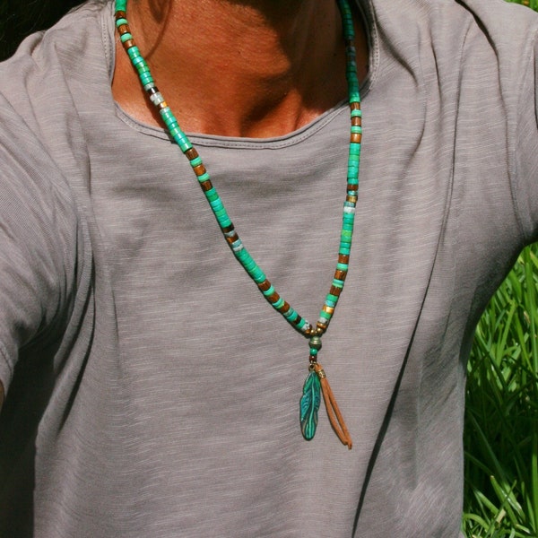 Feather Men Long Necklace / Green Turquoise Man Handmade Pendant / Gemstone  Beaded Necklace For Mens / Urban Tribal Chic Necklace Man