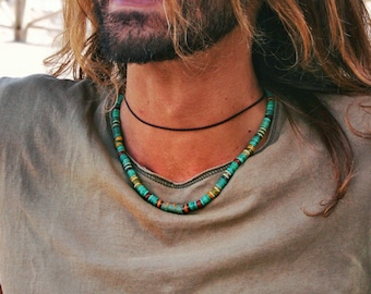 Green choker man / Heishi Gemstone Beaded Necklace For Men / Mens Minimalist Choker /  Boho Handmade Necklace /  Ethnic Green Choker