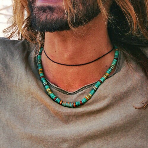 Turquoise Choker Man/ Heishi Gemstone Beaded Necklace for Etsy