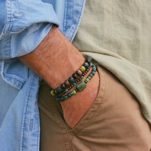 Green Mens Gemstone Wooden Beaded Bracelet Set 3 / Boho Wood matching bracelets man / Set bracelet for men/ Handmade bracelets man