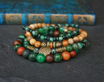 Men&#39;s Agate Jasper Wood Bead Bracelet Set: Handmade Stretch Bracelets