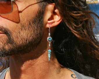 Mens Dangle Earring, Long Colorful Polymer Clay Spike, Stainless Steel Hoop