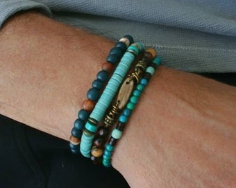 Turquoise Wooden Set Bracelets Man /  Tibetan Agate Bracelet Men / Statement Bracelets Set / Cool Bracelets  Mens /  Trendy Bracelet Mens