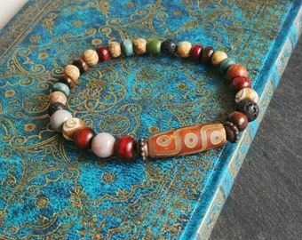 Tibetan Agate Unique Handmade bracelet/Mens Wooden Bead Bracelet/ Stretch surfer bracelet for men