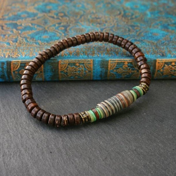 Brown Coconut Beaded Bracelet: Handmade Polymer Clay Accent