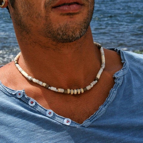 Unique Shell Coconut Choker Man / Dainty White Simple Necklace Men / Minimalist Heishi Choker Mens /  Summer Beach Style Choker / Original