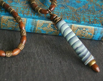 Long Wood Bead Necklace: Tribal Pendant, Ethnic Yoga Jewelry