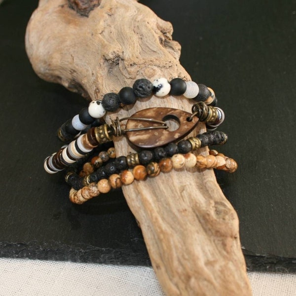 Wood Set Bracelets Man / Agate Bracelet Men / Lava Bracelets Man / Statement Bracelets Man /  Trendy Bracelet Mens /  Stretch Bracelet Man