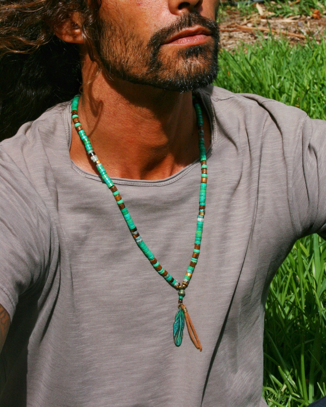 Feather Men Long Necklace / Green Turquoise Man Handmade Pendant ...