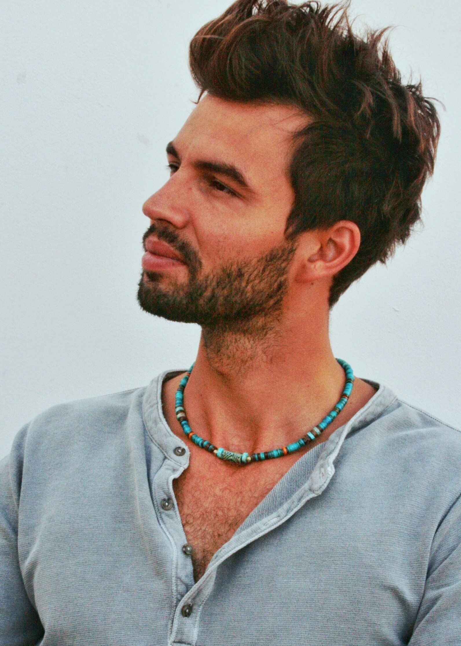Turquoise Heishi Choker Necklace for Men: Boho Gemstone Beaded Handmade Jewelry