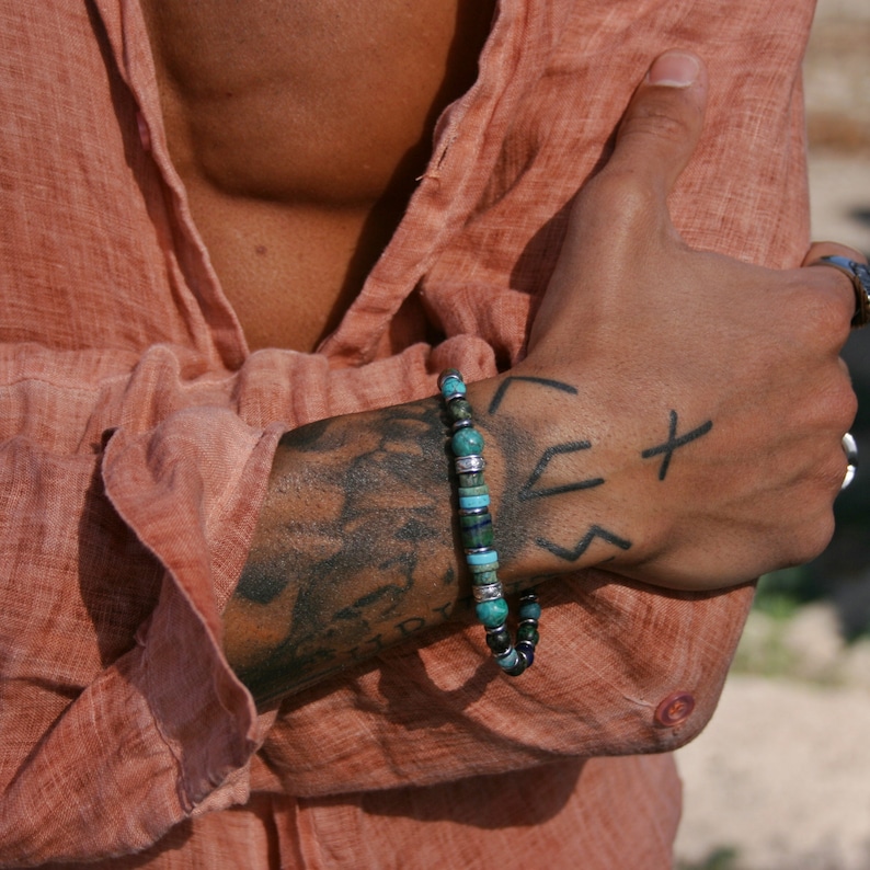 Mens Turquoise kralen edelsteen armband/coole unieke armband mannen/Unisex stijlvolle armband/originele Chrysocolla Jasper chique armband man afbeelding 9