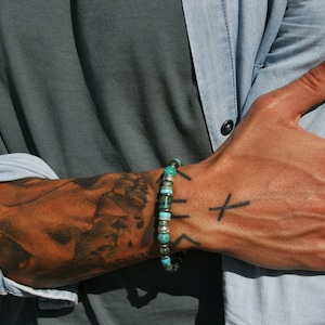 Mens Turquoise kralen edelsteen armband/coole unieke armband mannen/Unisex stijlvolle armband/originele Chrysocolla Jasper chique armband man afbeelding 6