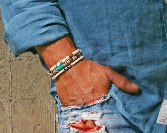 Bracelets de pierres précieuses pour homme / Bracelets pour homme turquoise / Bracelet unique pour homme / Ensemble de bracelets extensibles / Bracelets en bois gris pour homme / Style estival