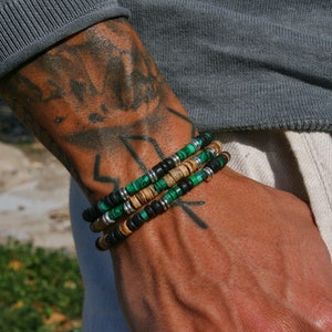 Pulseras Hombre Set Malaquita Coco / Boho Verde Negro Coco Pulsera de Cuentas / Apilamiento Pulsera Elegante Hombres / Pulseras Estiradas Únicas Hombres imagen 5