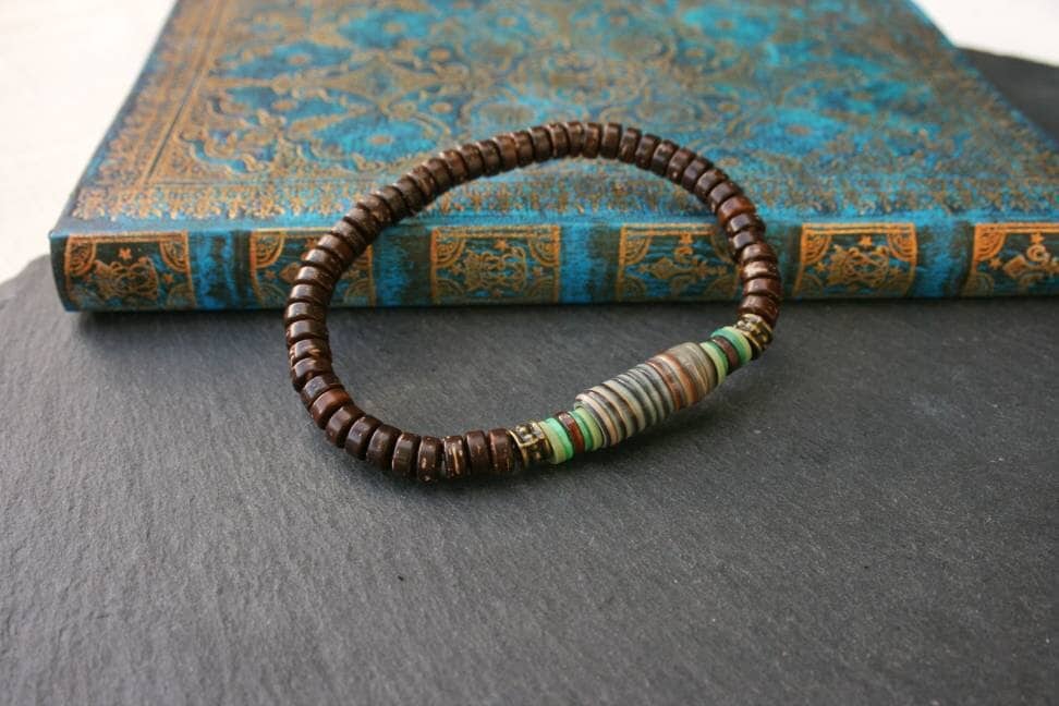 Brown Coconut Beaded Bracelet: Handmade Polymer Clay Accent