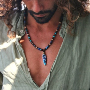 Man beads unique ethnic boho necklace / Handmade pendant unisex cool / Beaded oriental necklace men / Gemstone necklace mens / Bohemian man zdjęcie 3