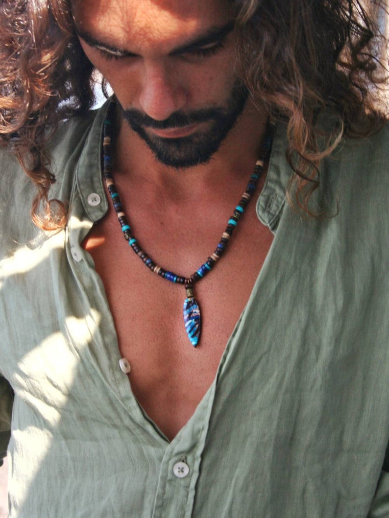 Man beads unique ethnic boho necklace / Handmade pendant unisex cool / Beaded oriental necklace men / Gemstone necklace mens / Bohemian man zdjęcie 3