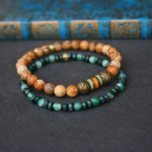 Men stylish bracelet set / Handmade bracelets man / Guys bracelets set / Green bracelet mens / Agate jasper wood beads / Stretch bracelet image 7