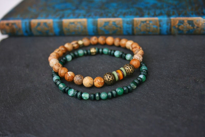 Men stylish bracelet set / Handmade bracelets man / Guys bracelets set / Green bracelet mens / Agate jasper wood beads / Stretch bracelet image 7