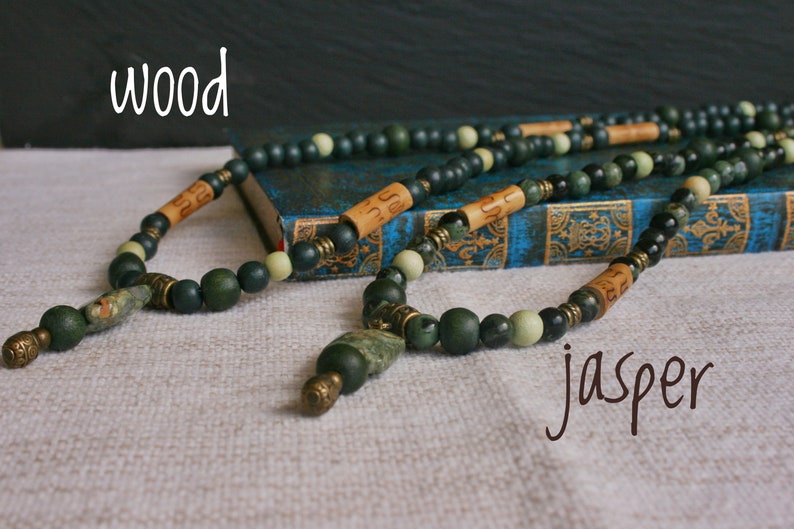 Green Cool Mens Necklace Bamboo man necklace Beaded necklace for men Man long necklace Bohemian necklace man Jasper necklace man zdjęcie 10