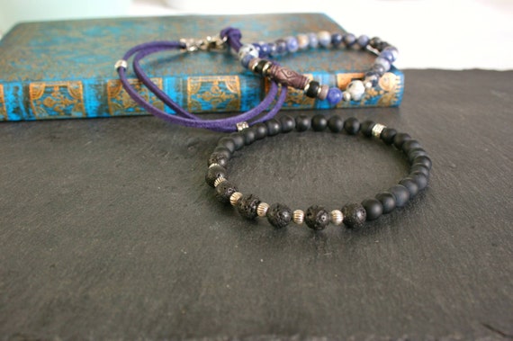 メンズビーズブレスレットセット：ラピスラズリ、溶岩、木、革 - Etsy 日本