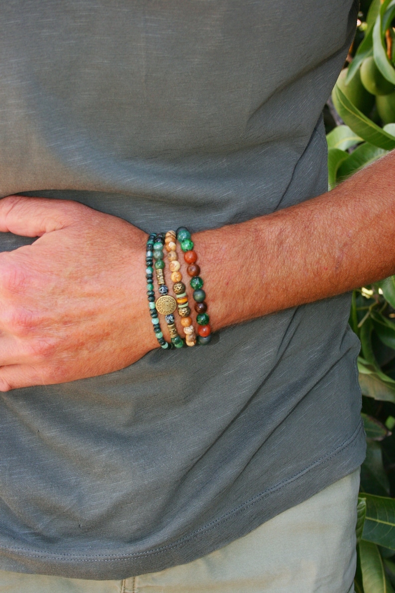 Men stylish bracelet set / Handmade bracelets man / Guys bracelets set / Green bracelet mens / Agate jasper wood beads / Stretch bracelet image 4