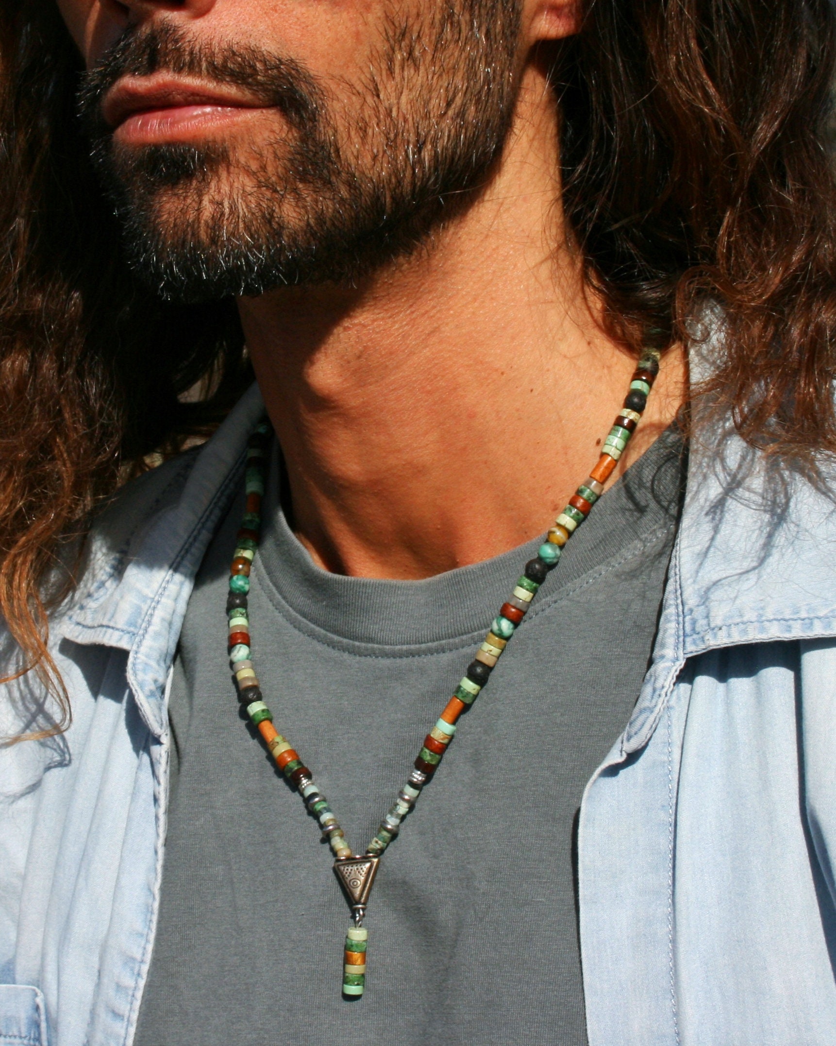 Mens Triangle Gemstone Pendant Necklace, African Turquoise, Agate, Jade ...