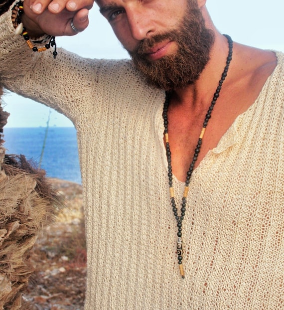 Long Tibetan Agate Mens Necklace / Matte Black Beaded Necklace  