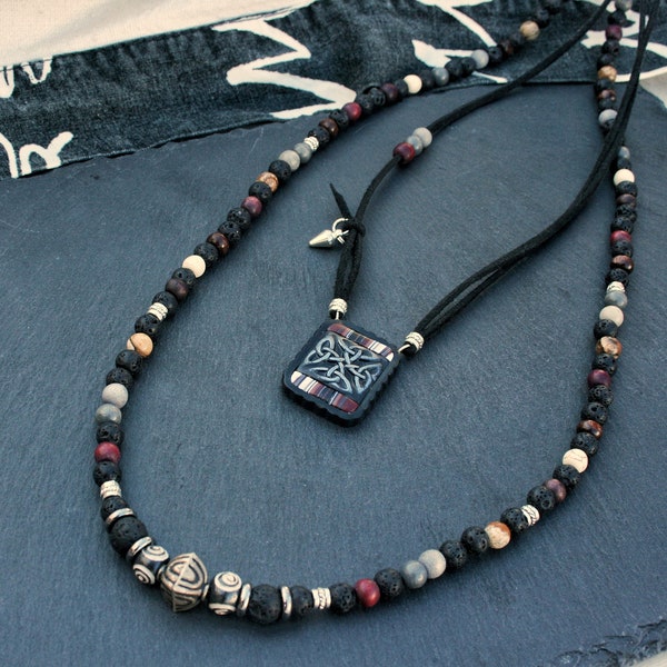 Man Gothic Layered Necklace Set / Long Beaded Ethnic Necklace For Men / Bead Tribal Pendant Necklace Set Of 2 / Boho