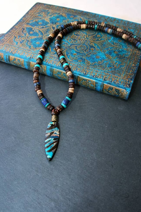 Collier Bib Ethnique Fait Main - Bois, Perles Argent Et Pierre Lapis Lazuli Bleue - Vintage